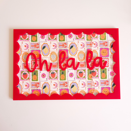 Playful dopamine decor wall sign in red acrylic with vibrant fruit and floral decoupage