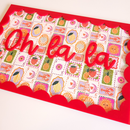 Playful dopamine decor wall sign in red acrylic with vibrant fruit and floral decoupage