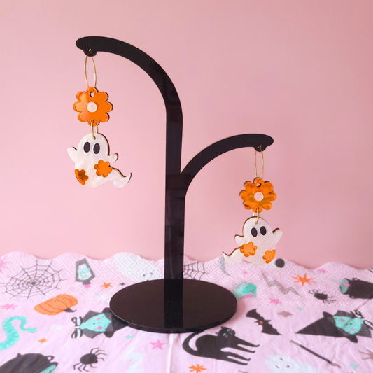 Ghost silhouette earrings with floral engraving/print and stainless steel fittings — whimsical spooky-cute statement by Pop Heart Studio.