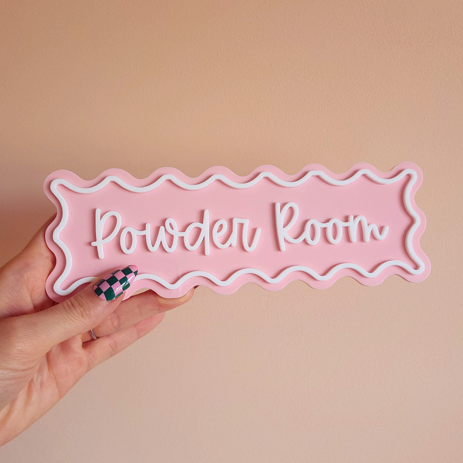Playful dopamine decor wall sign for bathroom or powder room, pink with scalloped edges