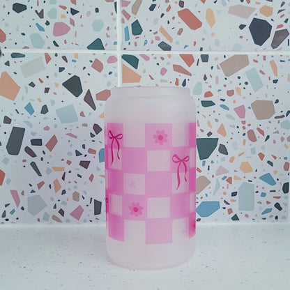 Pink Checkered Glass Tumbler